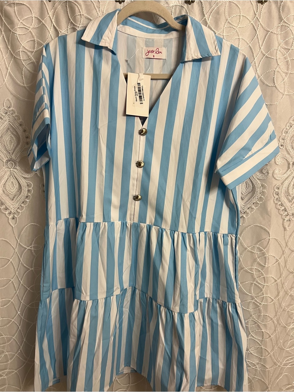 Jess Lea White and Blue Striped Tiered Button Dress